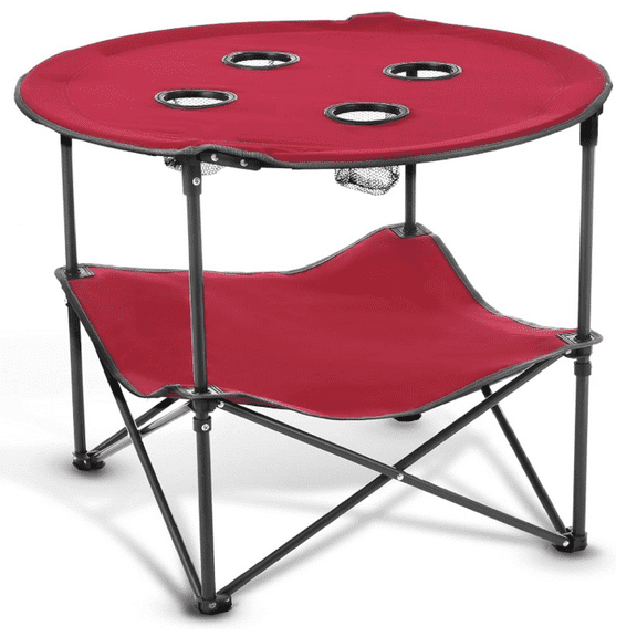 Heavy-Duty Portable Folding Table, 4 Cup Holders, No Sag Surface, Compact, Round, Carrying Case, Steel Frame, High-Grade 600D Canvas, Lower Storage Area