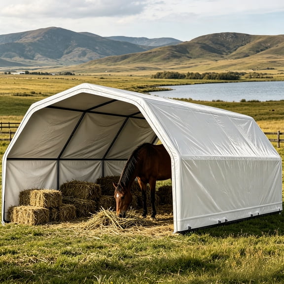 Heavy Duty Portable Horse Shelter, Weatherproof Run-In Shed with Cover, 8x6 ft Horse Stall Barn for Outdoor Livestock Protection, White