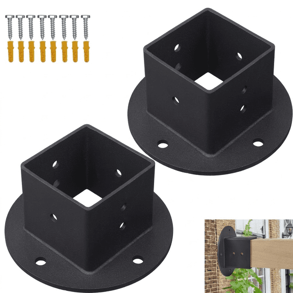 Heavy Duty Post Base Brackets for 2 x 2 Inch Posts, Black Metal Flange Mount, 2 Pack for Fence Deck Mailbox