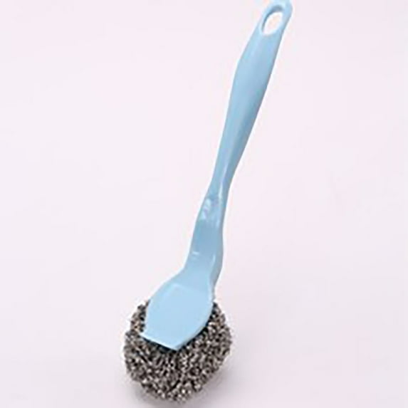 Heavy-Duty Pot Scrubber with Long Handle,2-in-1 Stainless Steel Scouring Pad & Replacement Wire Ball for Non-Stick Pans, Dishwasher Safe,Blue,A