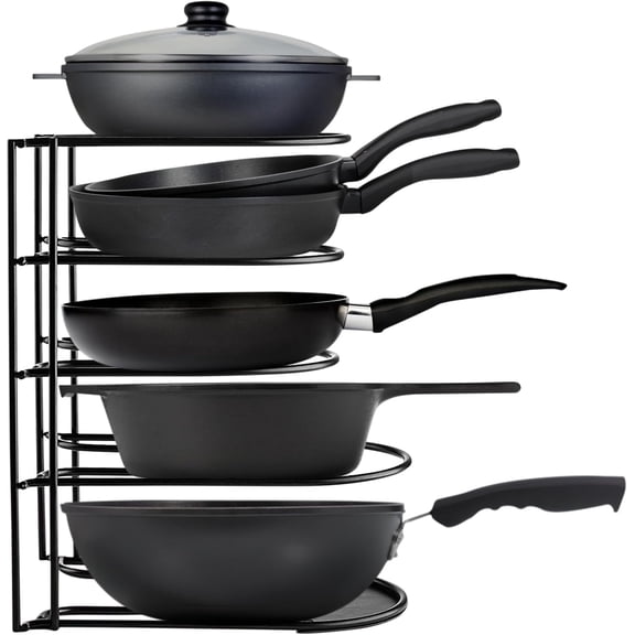 Heavy-Duty Pots and Pans Organizer | 5-Tier Cookware & Lid Storage Rack | Free-Standing or Wall-Mount | Kitchen Organizer for Cast Iron Skillets, Pots, Frying Pans, Lids | Black