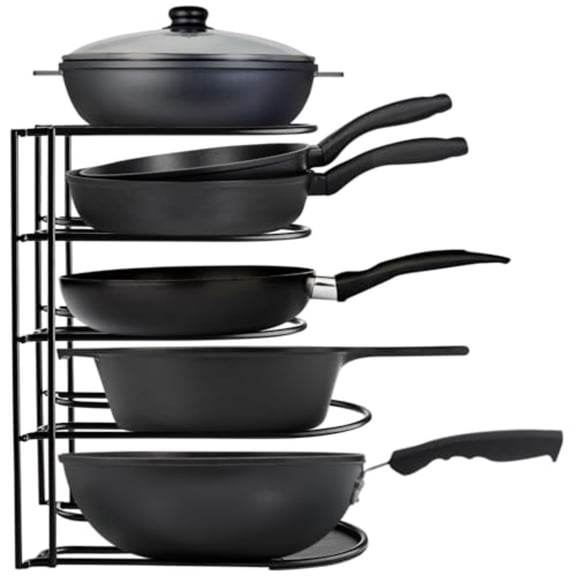 Heavy-Duty Pots and Pans Organizer 5-Tier Cookware Lid Storage Rack Free-Standing or Wall-Mount Kitchen Organizer for Cast Iron Skillets Pots Frying Pans Lids Black