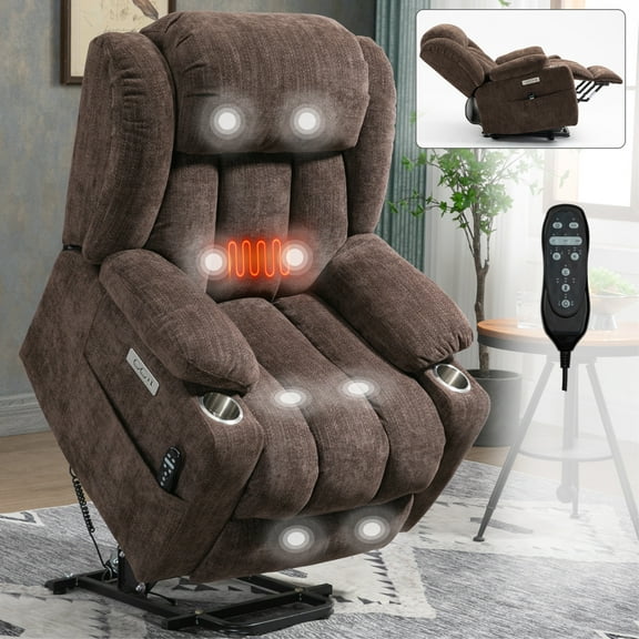 Heavy Duty Power Lift Recliner Chair for Seniors with 8 Point Massage and Lumbar Heat 350 Lb Capacity USB Type A C Ports Stainless Steel Cup Holders Brown