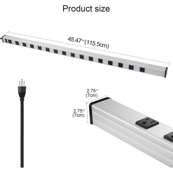 Heavy Duty Power Strip - 16 Outlet Large Metal Industrial Power Strip, 15FT Cord, 15A, 125V, 1875W (Silver)