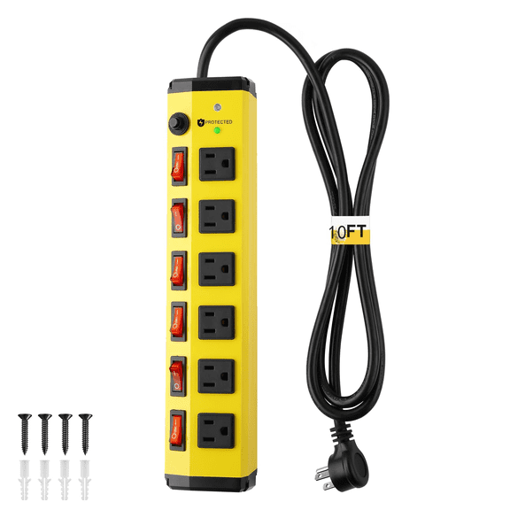 VILONG 10Ft Flat Plug Power Strip with Surge Protector,Individual Switche,6-Outlet Extension Cord, for Microwave Use, Garage, Kitchen & Home
