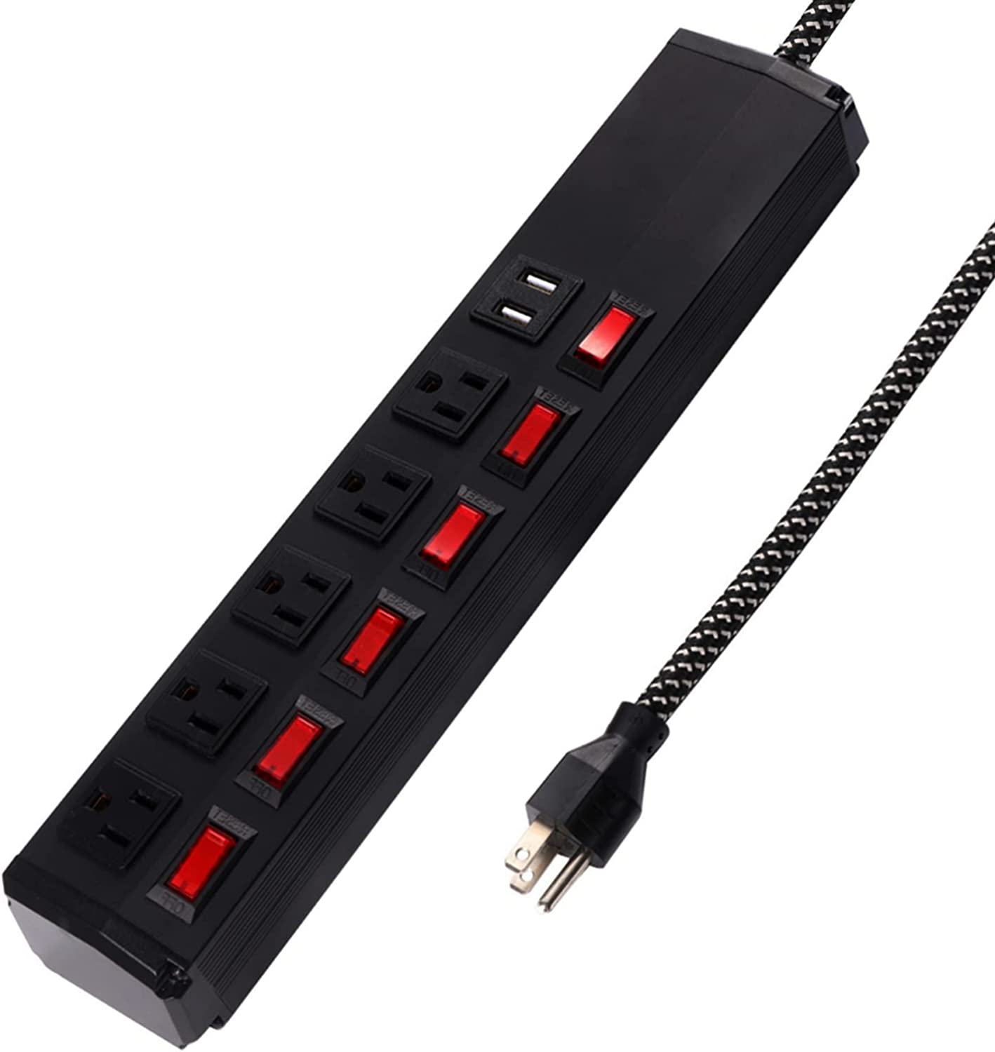 Heavy Duty Power Strip with Individual Switches, 6 Ft Braided Extension