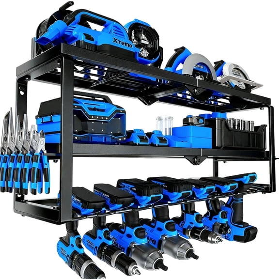 Heavy Duty Power Tool Organizer Wall Mount - 3 Tier Metal Tool Rack with 7 Drill Holders, 300LB Capacity for Garage, Workshop, Pegboard Storage