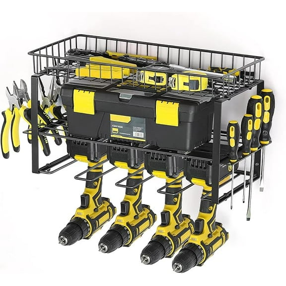Heavy Duty Power Tool Organizer - Wall Mounted Storage Rack with Floating Shelf, Basket & Garage Organizers
