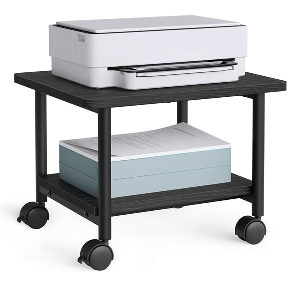 Heavy-Duty Printer Stand with Locking Wheels, 2-Tier Industrial Mobile Cart Storage Shelf, Under Desk Table for Home, Office, 13.4" Height, Ebony Black UOPS02B