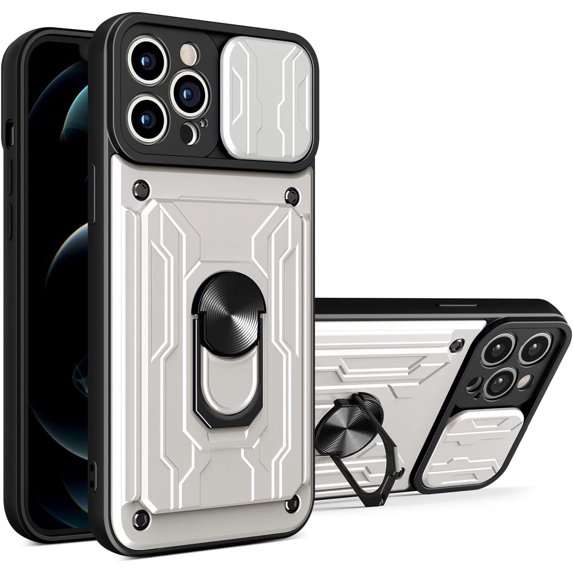 Heavy Duty Protection Case for Apple iPhone 13 Pro (Not 13), Magnetic Ring Kickstand Slide Camera with Card Holder Phone Cover for Apple iPhone 13 Pro White