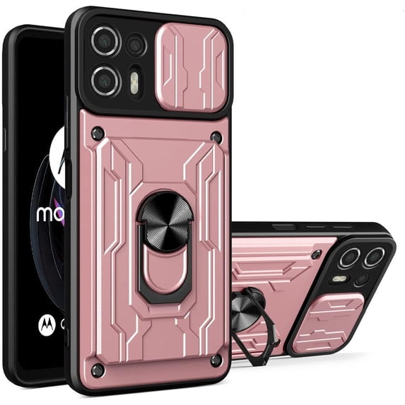 Heavy Duty Protection Case for Motorola Edge 20 Lite (Not 20), Magnetic Ring Kickstand Slide Camera with Card Holder Phone Cover for Motorola Edge 20 Lite LJK Rose Gold