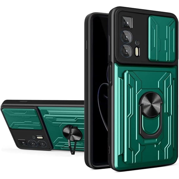 Heavy Duty Protection Case for Motorola Edge 20 Pro (Not 20), Magnetic Ring Kickstand Slide Camera with Card Holder Phone Cover for Motorola Edge 20 Pro LJK Green