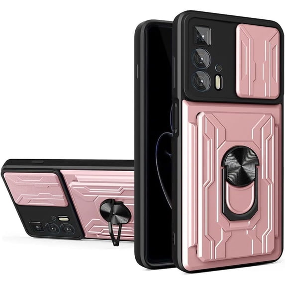 Heavy Duty Protection Case for Motorola Edge 20 Pro (Not 20), Magnetic Ring Kickstand Slide Camera with Card Holder Phone Cover for Motorola Edge 20 Pro LJK Rose Gold