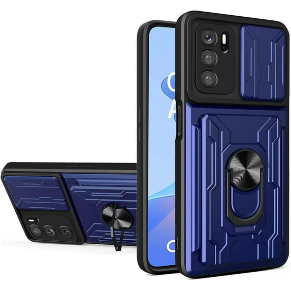 Heavy Duty Protection Case for Oppo A16 /A16s /A54s, Magnetic Ring Kickstand Slide Camera with Card Holder Phone Cover for Oppo A16 /A16s /A54s LJK Blue