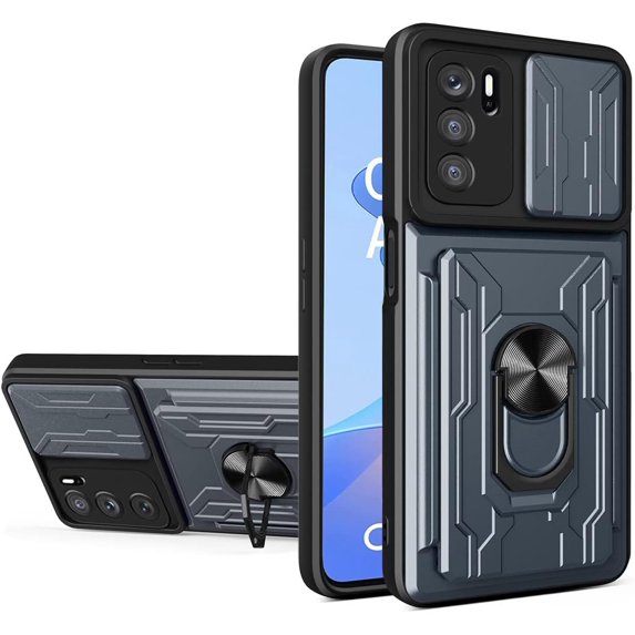 Heavy Duty Protection Case for Oppo A16 /A16s /A54s, Magnetic Ring Kickstand Slide Camera with Card Holder Phone Cover for Oppo A16 /A16s /A54s LJK Gray