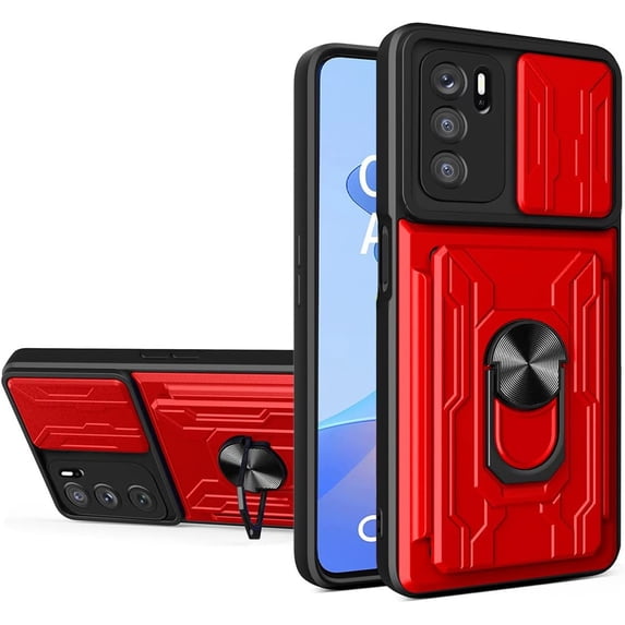 Heavy Duty Protection Case for Oppo A16 /A16s /A54s, Magnetic Ring Kickstand Slide Camera with Card Holder Phone Cover for Oppo A16 /A16s /A54s LJK Red