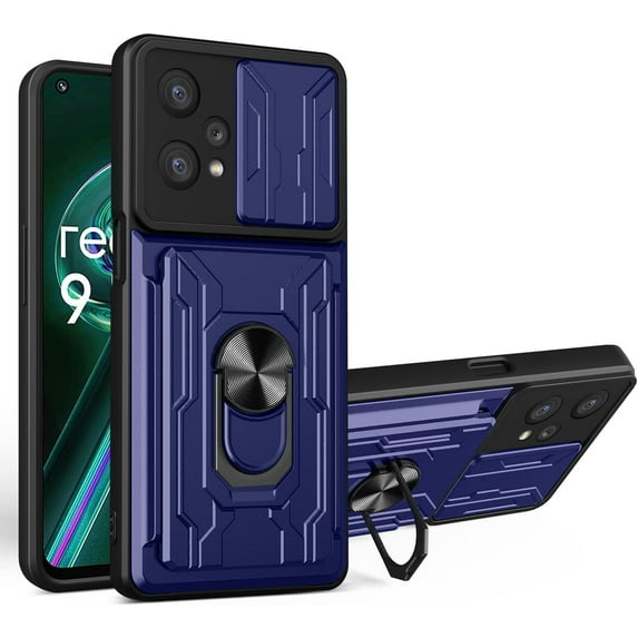 Heavy Duty Protection Case for Oppo Realme 9 Pro+ (Not 9 Pro), Magnetic Ring Kickstand Slide Camera with Card Holder Phone Cover for Oppo Realme 9 Pro+ Blue
