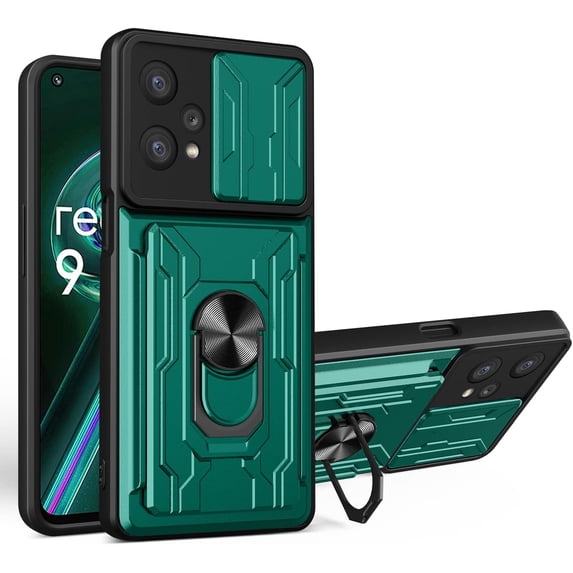 Heavy Duty Protection Case for Oppo Realme 9 Pro+ (Not 9 Pro), Magnetic Ring Kickstand Slide Camera with Card Holder Phone Cover for Oppo Realme 9 Pro+ Green