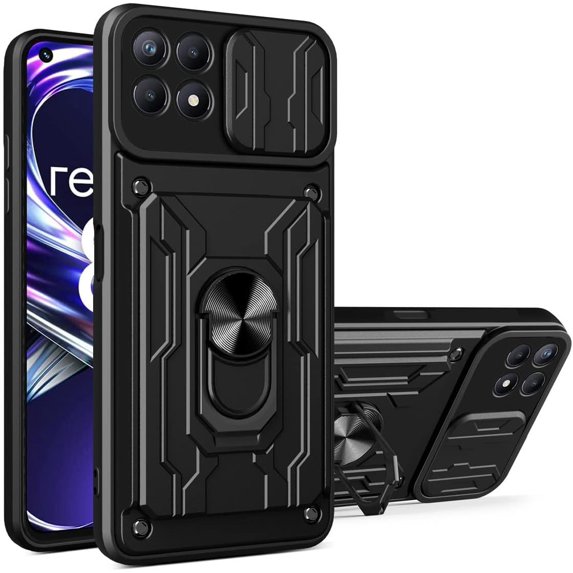 Heavy Duty Protection Case for Oppo Realme 8i, Magnetic Ring Kickstand Slide Camera with Card Holder Phone Cover for Oppo Realme 8i LJK Black
