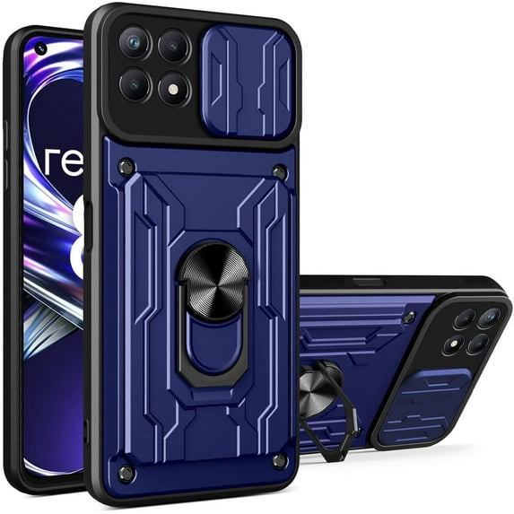 Heavy Duty Protection Case for Oppo Realme 8i, Magnetic Ring Kickstand Slide Camera with Card Holder Phone Cover for Oppo Realme 8i LJK Blue