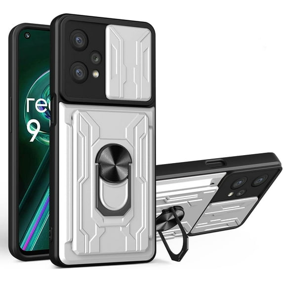 Heavy Duty Protection Case for Oppo Realme 9 Pro, Magnetic Ring Kickstand Slide Camera with Card Holder Phone Cover for Oppo Realme 9 Pro LJK White