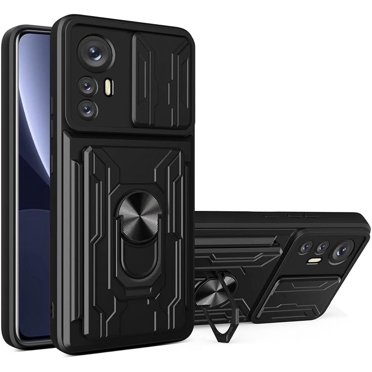 Heavy Duty Protection Case for Xiaomi 12 Pro (Not 12), Magnetic Ring Kickstand Slide Camera with Card Holder Phone Cover for Xiaomi 12 Pro LJK Black