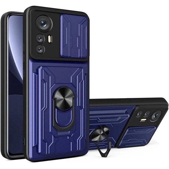 Heavy Duty Protection Case for Xiaomi 12 Pro (Not 12), Magnetic Ring Kickstand Slide Camera with Card Holder Phone Cover for Xiaomi 12 Pro LJK Blue