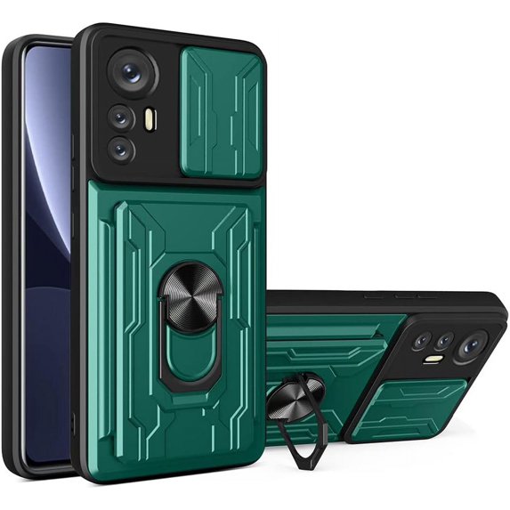 Heavy Duty Protection Case for Xiaomi 12 Pro (Not 12), Magnetic Ring Kickstand Slide Camera with Card Holder Phone Cover for Xiaomi 12 Pro LJK Green