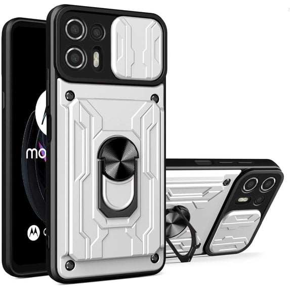 Heavy Duty Protection Case for Xiaomi Mi 11 Lite, Magnetic Ring Kickstand Slide Camera with Card Holder Phone Cover for Xiaomi Mi 11 Lite White