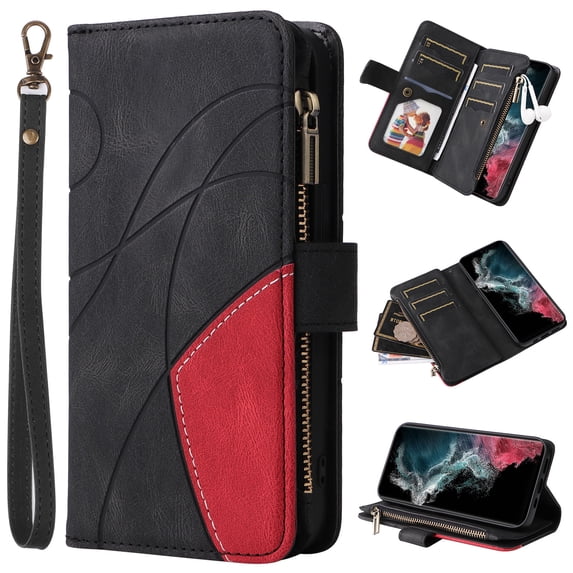 Heavy Duty Protection Wallet Case Designed for Samsung Galaxy A03 Core, PU Leather Cards Holder Wrist Strap Zipper Pocket Kickstand Shockproof Rugged Phone Case for Samsung Galaxy A03 Core, Black