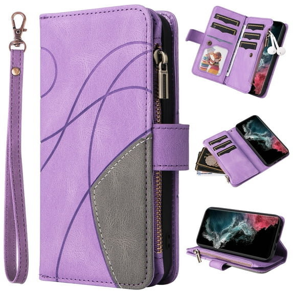 Heavy Duty Protection Wallet Case Designed for Samsung Galaxy A03 Core, PU Leather Cards Holder Wrist Strap Zipper Pocket Kickstand Shockproof Rugged Phone Case for Samsung Galaxy A03 Core, Purple