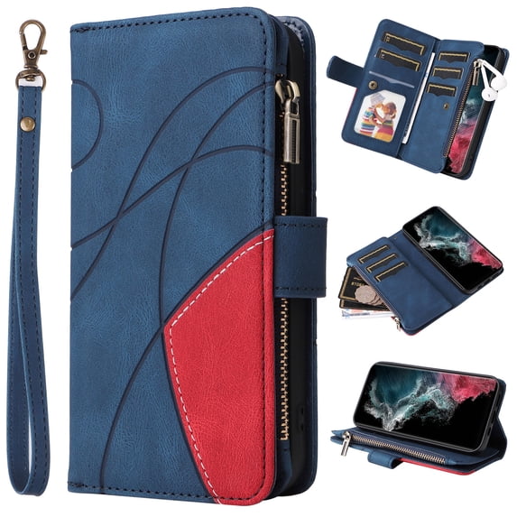 Heavy Duty Protection Wallet Case Designed for Samsung Galaxy A03 Core, PU Leather Cards Holder Wrist Strap Zipper Pocket Kickstand Shockproof Rugged Phone Case for Samsung Galaxy A03 Core, Blue