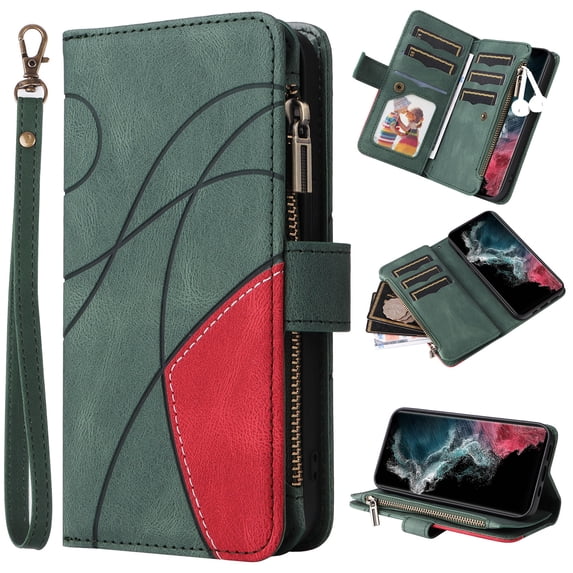 Heavy Duty Protection Wallet Case Designed for Samsung Galaxy A03 Core, PU Leather Cards Holder Wrist Strap Zipper Pocket Kickstand Shockproof Rugged Phone Case for Samsung Galaxy A03 Core, Green