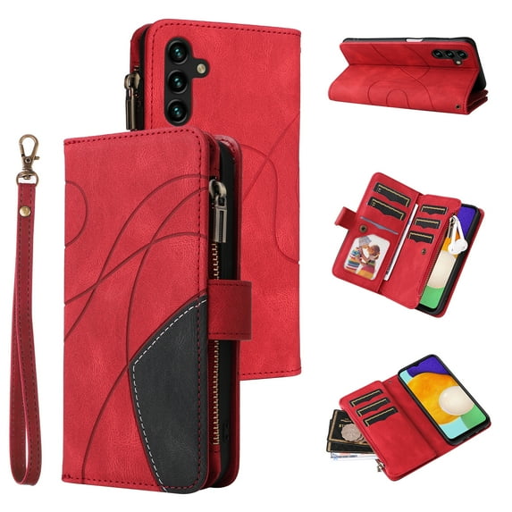 Heavy Duty Protection Wallet Case Designed for Samsung Galaxy A14 5G, PU Leather Cards Holder Wrist Strap Zipper Pocket Kickstand Shockproof Rugged Phone Case for Samsung Galaxy A14 5G, Red