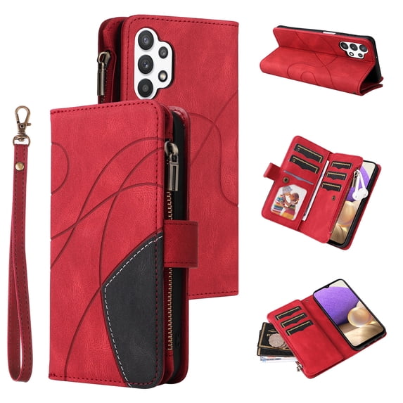 Heavy Duty Protection Wallet Case Designed for Samsung Galaxy A23 5G, PU Leather Cards Holder Wrist Strap Zipper Pocket Kickstand Shockproof Rugged Phone Case for Samsung Galaxy A23 5G, Red