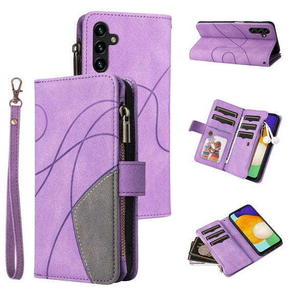 Heavy Duty Protection Wallet Case Designed for Samsung Galaxy S23 FE, PU Leather Cards Holder Wrist Strap Zipper Pocket Kickstand Shockproof Rugged Phone Case for Samsung Galaxy S23 FE, Purple