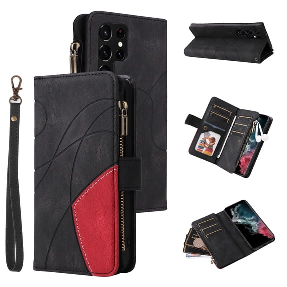Heavy Duty Protection Wallet Case Designed for Samsung Galaxy S23 Ultra, PU Leather Cards Holder Wrist Strap Zipper Pocket Kickstand Shockproof Rugged Phone Case for Samsung Galaxy S23 Ultra, Black