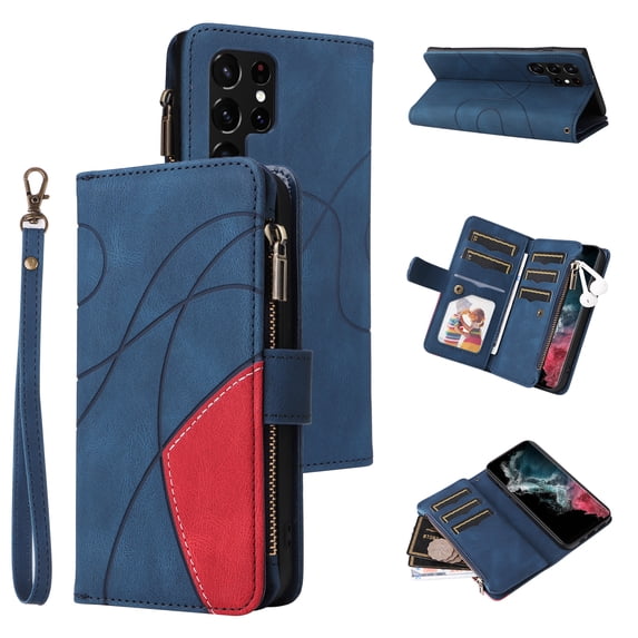 Heavy Duty Protection Wallet Case Designed for Samsung Galaxy S23 Ultra, PU Leather Cards Holder Wrist Strap Zipper Pocket Kickstand Shockproof Rugged Phone Case for Samsung Galaxy S23 Ultra, Blue
