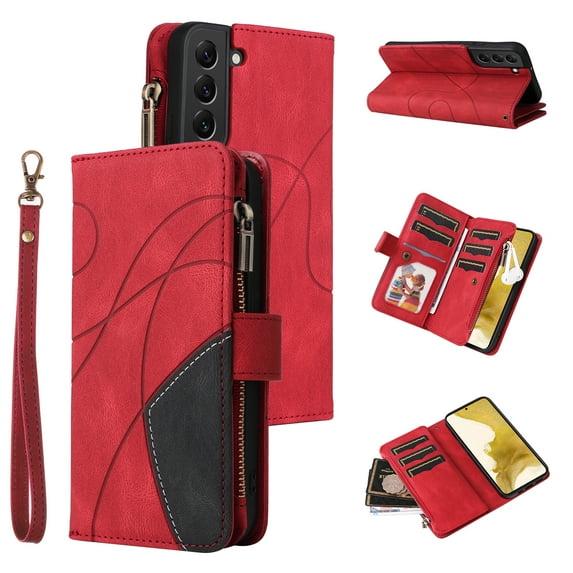 Heavy Duty Protection Wallet Case Designed for Samsung Galaxy S24 Plus, PU Leather Cards Holder Wrist Strap Zipper Pocket Kickstand Shockproof Rugged Phone Case for Samsung Galaxy S24 Plus, Red