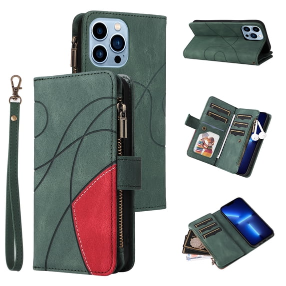 Heavy Duty Protection Wallet Case Designed for iPhone 13 Pro Max, PU Leather Cards Holder Wrist Strap Zipper Pocket Kickstand Shockproof Rugged Phone Case for iPhone 13 Pro Max, Green