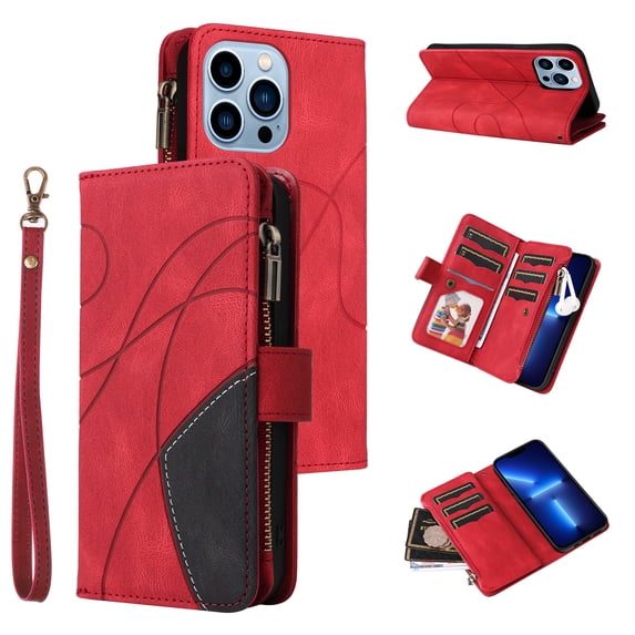 Heavy Duty Protection Wallet Case Designed for iPhone 13 Pro Max, PU Leather Cards Holder Wrist Strap Zipper Pocket Kickstand Shockproof Rugged Phone Case for iPhone 13 Pro Max, Red
