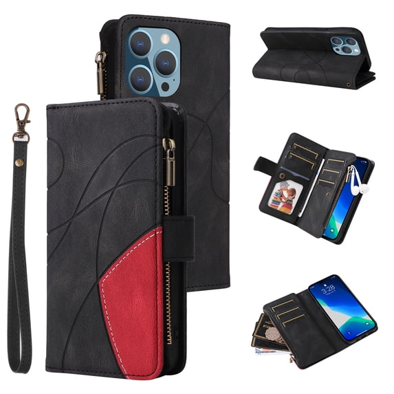 Heavy Duty Protection Wallet Case Designed for iPhone 16 Pro, PU Leather Cards Holder Wrist Strap Zipper Pocket Kickstand Shockproof Rugged Phone Case for iPhone 16 Pro, Black