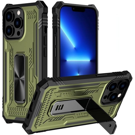 Heavy Duty Protector Case for iPhone 15, Military Grade Drop & Shock Protection iPhone 15 Cell Phone Cover with Kickstand & Slide, Rugged Protective Bumper Textured (iPhone 15 Pro) Green