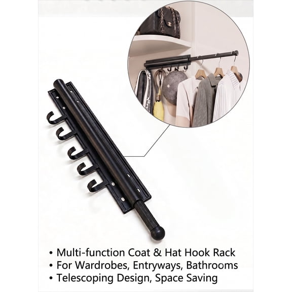 Heavy Duty Pull-Out Closet Valet Rod with Hooks, Side-Mount Retractable Garment Rod for Wardrobe Cabinet & Laundry Room