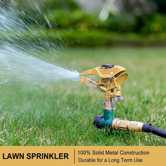 Heavy Duty Pulsating Impact Sprinkler on Spike Base, 100% Metal Impact Sprinkler with 360 Adjustable Spray Pattern for Large Area Lawn & Yard Irrigation, Covers Up to 5800 sq. Ft