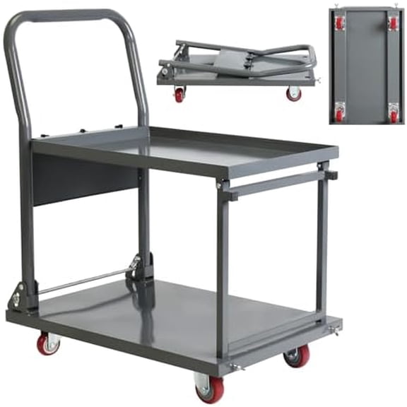 Heavy Duty Push Cart Dolly, 800lbs Folding Cart with Wheels, 2 Tier Foldable Cart, Folding Flatform Truck for Garage Warehouse, 28.8" L x 18.5" W Flatbed Cart$$Tools