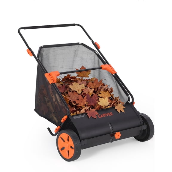Heavy-Duty Push Lawn Sweeper, 30-Inch Width, 12 cu ft Mesh Bag, Steel Frame, 10" Rubber Wheels, 4 Spinning Brushes, Adjustable Height for Grass, Leaves, Yard Debris – Black + Orange RAL2004