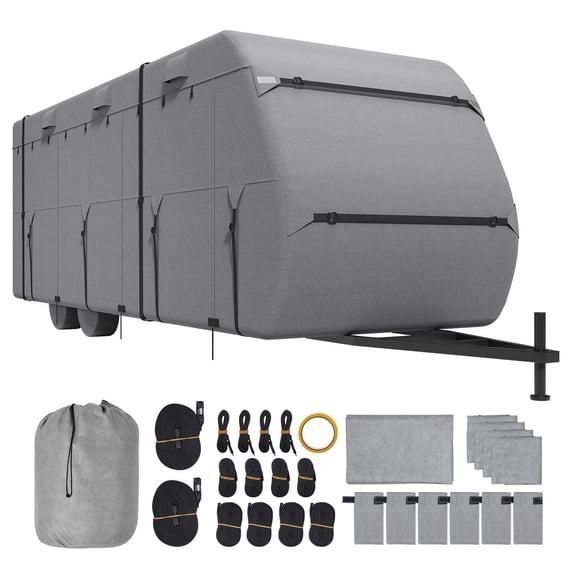 Heavy-Duty RV Cover for 20-22 ft Trailers, 4-Ply Waterproof Windproof Camper Cover with Storage Bag, Straps&Tire Protectors