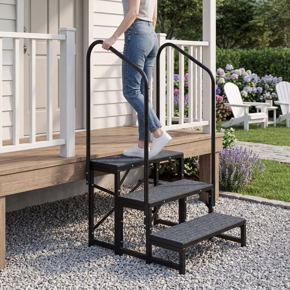 Heavy-Duty RV Exterior Ladder - 3-Step Portable Entry Stairs with Non-Slip Surface, Dual Handrails, Ideal for Camper, Trailer, Mobile Home, Porch, Pool - Black