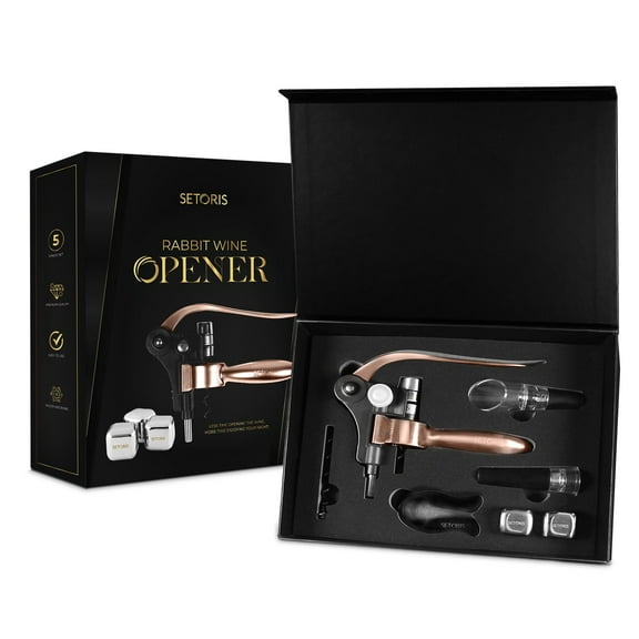 Heavy-Duty Rabbit Wine Opener With 2 Stainless Steel Ice Cubes By Setoris - Winged Corkscrew With Ergonomic Lever & Non-Stick Warm- Manual Rabbit Cork Remover- Great Wine Gift Idea